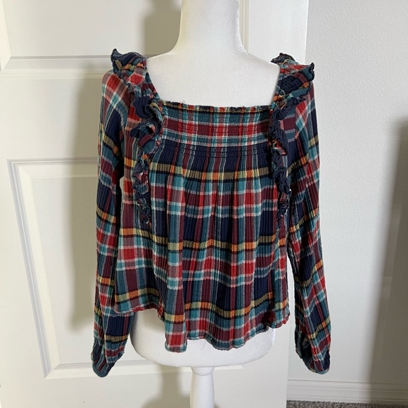 EUC Free People Multicolor Plaid Ruffle Blouse Small - Picture 5 of 12